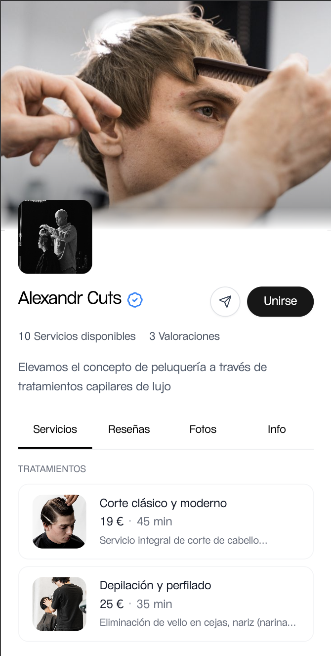 Perfil de un negocio en Waboo con sus servicios y botón para unirse